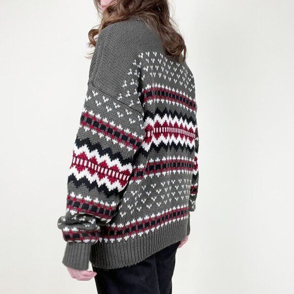 Vintage Fair Isle Scandinavian Knit Sweater Nordic Grandpa Slouchy Oversized 80s - Picture 3 of 7